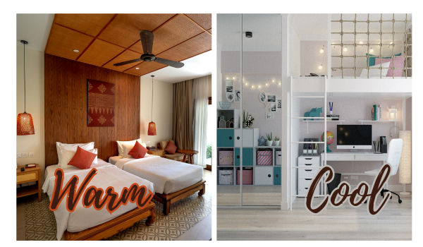 split graphic of 2 rooms showing a warm color palette vs a cool color palette